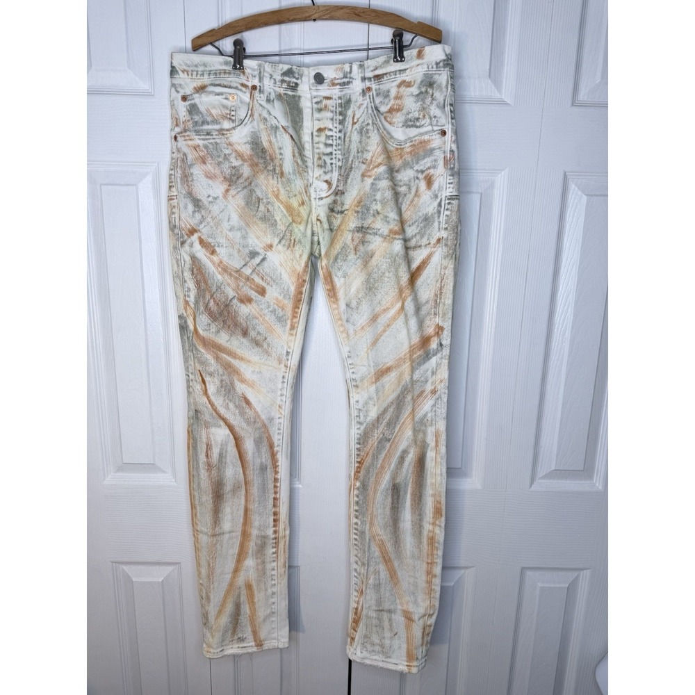 Purple Brand P001 White Brush Stroke Jeans Mens Size 36x31 Slim Fit Distressed